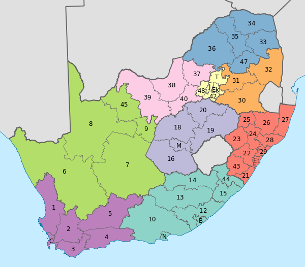 Map of South Africa with provinces shaded and districts numbered (2011).svg