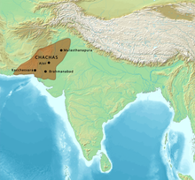 Territory of the Chach dynasty circa 600-650 CE Map of the Chachas circa 650 CE.png