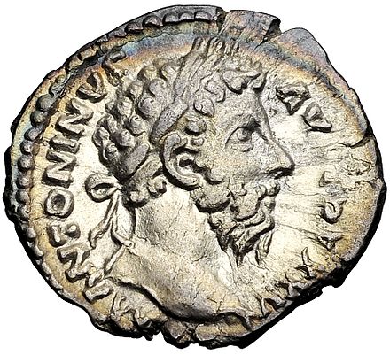Denarius of Marcus Aurelius.  Legend: IMP. M. ANTONINVS AVG. TR. P. XXV.