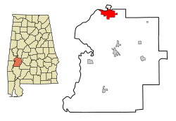 Comté de Marengo Alabama Zones constituées et non constituées en société Demopolis Highlighted.svg