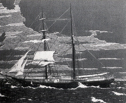 An engraving of Mary Celeste as she was found abandoned.