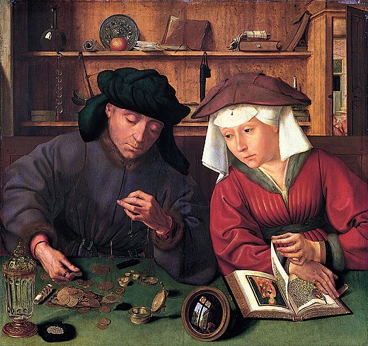 Quinten Massys, ca. 1514, De geldwisselaar en zijn vrouw, Parijs, Louvre