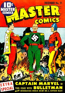 An early example of the comics crossover: Captain Marvel and Bulletman join forces to battle Captain Nazi. Master Comics number 21, artwork by Mac Rayboy. MasterComicsNo21.jpg