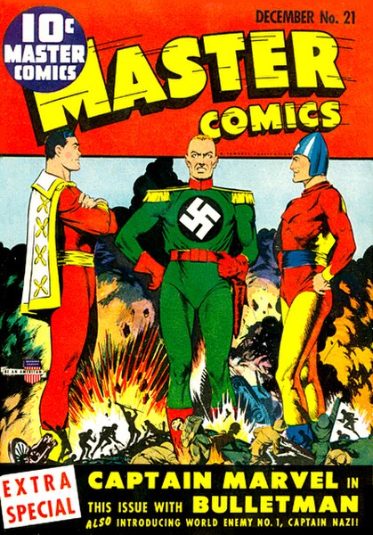 Early example: Captain Marvel and Bulletman join forces to battle Captain Nazi, thereby establishing a shared continuity within the Fawcett "universe"