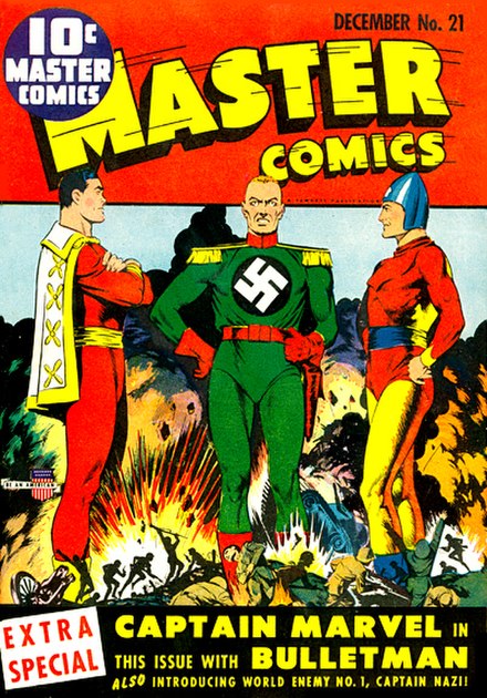 An early example of the comics crossover: Captain Marvel and Bulletman join forces to battle Captain Nazi. Master Comics number 21, artwork by Mac Ray