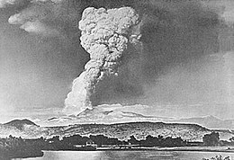 The "Great Explosion" eruption column of May 22, 1915 was seen as far as 150 miles (240 km) away. (Photograph by R.E. Stinson) May 1915 Lassen eruption column.jpg