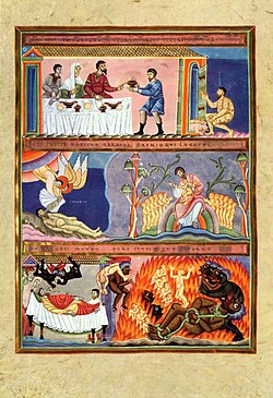 Lazarus and the Rich Man (illumination from the Codex Aureus of Echternach). Meister des Codex Aureus Epternacensis 001.jpg