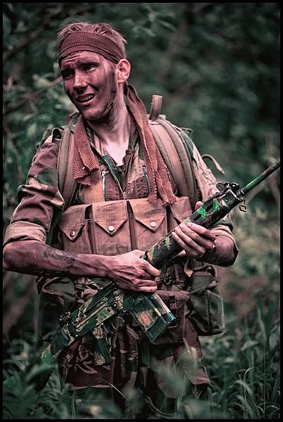 A Rhodesian Light Infantry trooper, circa 1979. The primary infantry weapon of the Rhodesian Army was the FN FAL battle rifle, which was camouflaged a