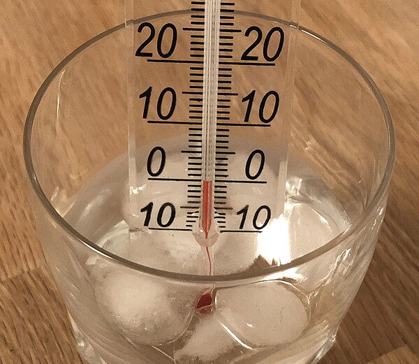 An ice water bath offered a practical calibration point for thermometers (shown here in Celsius) before the physical nature of heat was well understoo