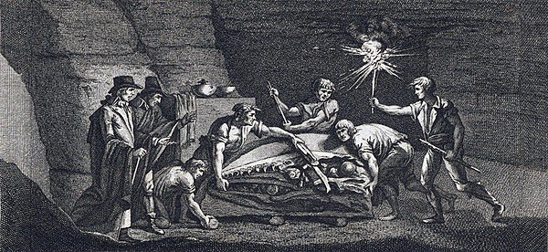 "Antediluvian monster", a Mosasaurus discovered in a Maastricht limestone quarry, 1770 (contemporary engraving)