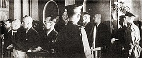 The show trial of 16 Polish wartime resistance movement leaders, convicted of "drawing up plans for action against the USSR."; Moscow, June 1945. The leaders were invited to help organize the new Polish Government of National Unity in March 1945, and immediately arrested by NKVD. Only two were still alive six years later Moscow Trial 1945.jpg