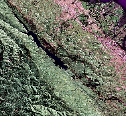 Radar generated 3-D view of the San Andreas Fault, at Crystal Springs Reservoir near San Mateo, California.[16]