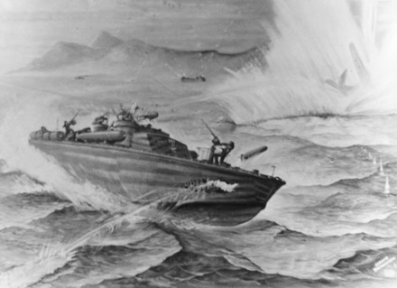 USS PT-167 is holed by an enemy torpedo that failed to detonate, 5 November 1943.  Painting by Gerard Richardson[11]