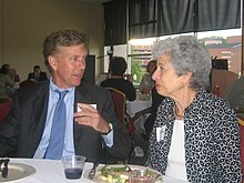 Lamont speaking with former CCSU president Merle Harris in June 2008 Ned Lamont and Merle Harris (2557042728) (cropped).jpg