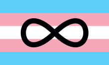 Symbole infini de la neurodiversité sur le fond bleu, rose et blanc du drapeau transgenre.