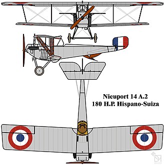 Nieuport 14 3-view drawing Nieuport N.14 A.2 French WW1 2-seat reconnaissance sesquiplane colour 3-view drawing.jpg