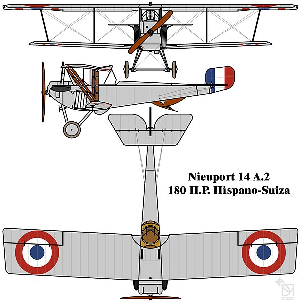 File:Nieuport N.14 A.2 French WW1 2-seat reconnaissance sesquiplane colour 3-view drawing.jpg