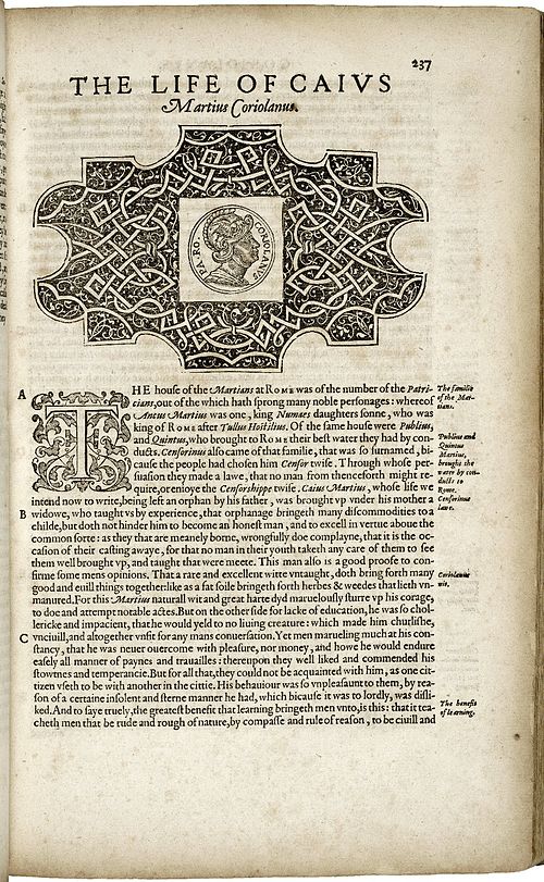 The first page of The Life of Caius Martius Coriolanus from Thomas North's 1579 translation of Plutarch's Lives of the noble Grecians and Romanes.