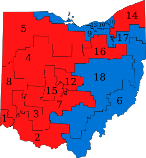 Ohio Congressional Districts kun partiokoloroj, 2007-2009, labeled.svg
