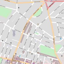 Montpelier covers the area between Seven Dials, Dyke Road, Western Road and the boundary with Hove (east of York Avenue). St Nicholas Church is at the bottom right; St Ann's Well Gardens are top left. OpenStreetMap of Montpelier, Brighton.png