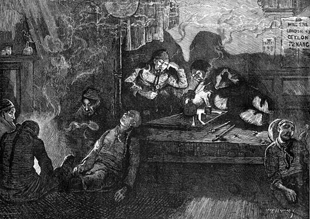 A 19th-century London opium den (based on fictional accounts of the day)