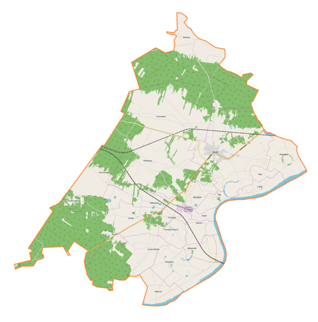 Mapa konturowa gminy Osiek, blisko centrum na prawo znajduje się punkt z opisem „Osiek”