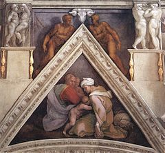 In the Ozias spandrel a young child is attempting to breast feed from his exhausted-looking mother, who clasps a round loaf in her hand.