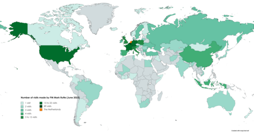 World map highlighting countries visited by Mark Rutte during his term as prime minister, as of 22 June 2023. PM Rutte Travels.png