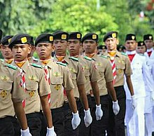 The scouts serving as colour advance platoon for the Paskibra Pasukan Pengawal Paskibra dari Pramuka.jpg