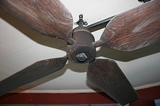 Ceiling fan formerly in dining room of the house at Perry's Camp Perry's Camp ceiling fan.JPG