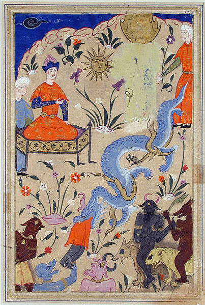 Pharaoh watches a serpent devour a demon in the presence of Musa; from a manuscript of Qisas al-Anbiya, c. 1540.