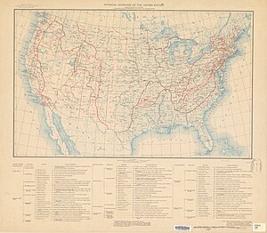 1946 Map published by USGS documenting the work of Fenneman's 1915-16 committee of the American Association of Geographers. Physical Divisions of the United States of America (1946 by Fenneman, published by USGS).jpg