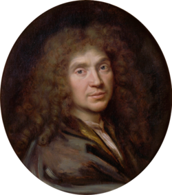 Moliere in or around 1658. Portrait by Pierre Mignard Pierre Mignard - Portrait de Jean-Baptiste Poquelin dit Moliere (1622-1673) - Google Art Project (cropped).png