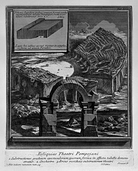 En skildring av ruinerna av teatern i Pompejus var byggnaderna ovanpå strukturen som skulle tas bort