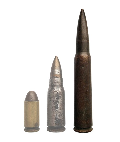 From left:9×19mm (pistol cartridge)7.92×33mm (intermediate cartridge)7.92×57mm (fully powered cartridge)
