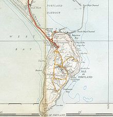 A map of the Isle of Portland from 1937, showing the railway to Easton