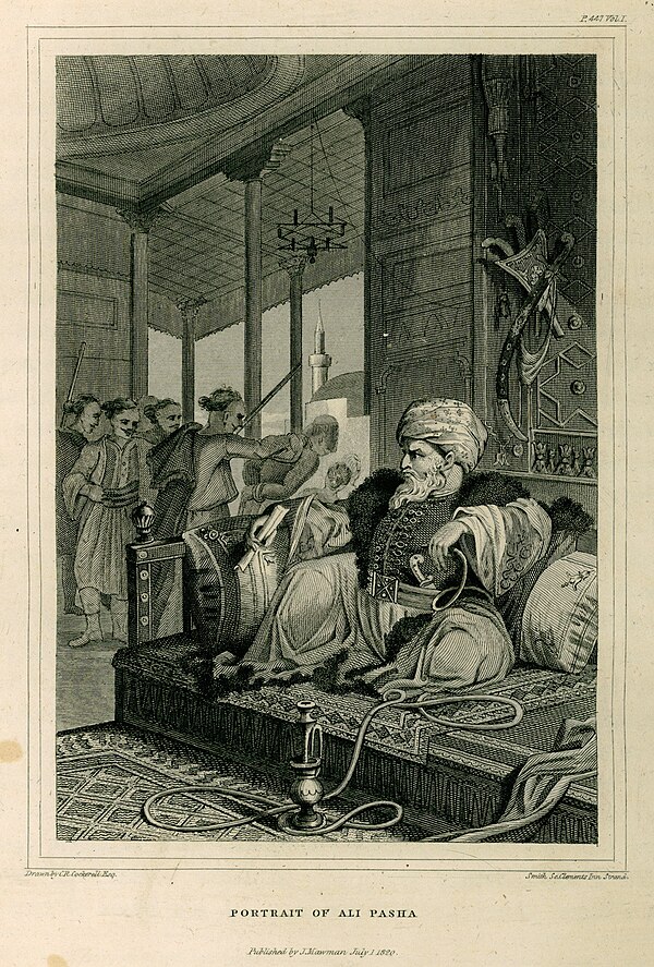 Portrait of Ali Pasha, drawn by Charles Robert Cockerell (published in 1820), based on Thomas Smart Hughes' travels in Albania in 1813.