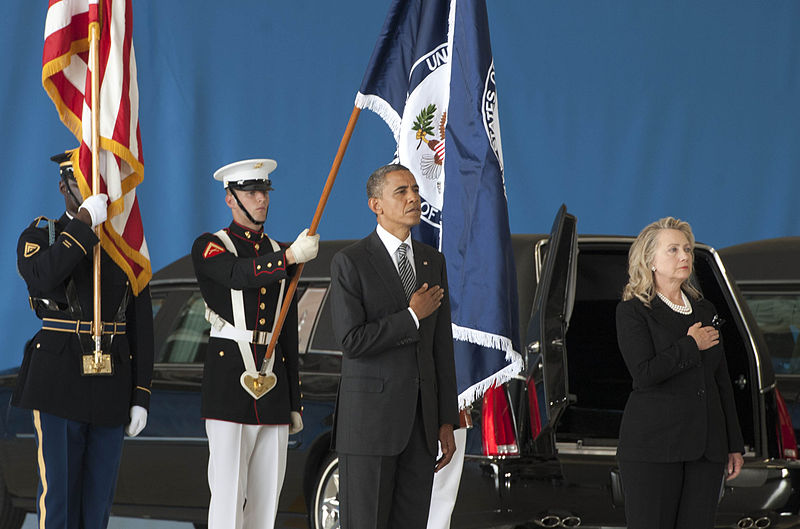 File:President Barack Obama and Secretary of State Hillary Clinton pause as the national anthem is played during the dignified transfer ceremony for the U.S. Ambassador to Libya J. Christopher Stevens, Foreign Servi 120914-D-BW835-248.jpg