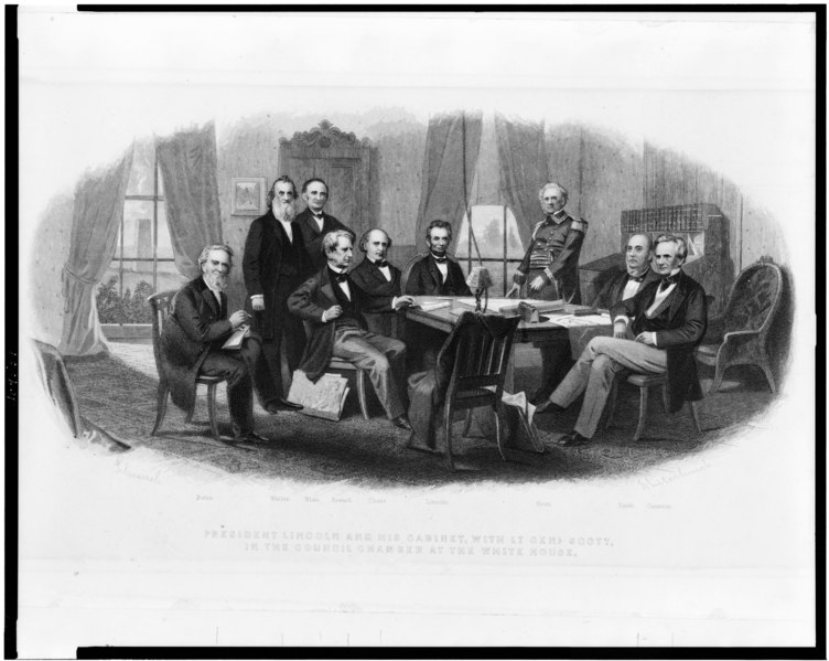 File:President Lincoln and his cabinet, with Lt. Genl. Scott, in the council chamber at the White House - Schuessel ; Whitechurch. LCCN94500594.tif