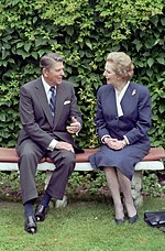 Margaret Thatcher and Ronald Reagan instituted economic liberal policies. President Ronald Reagan in a Bilateral Meeting with Prime Minister Margaret Thatcher of United Kingdom at The Hotel Cipriani in Venice Italy.jpg