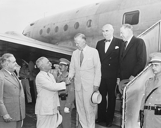 Secretary of State George Marshall greeted by President Harry S. Truman at Washington National Airport. August 13, 1947.