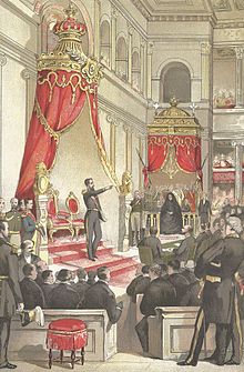 Leopold II swears to uphold the constitution, 17 December 1865 Prestation de serment de Leopold II le 17 decembre 1865.jpg
