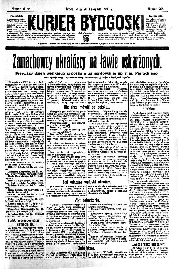 Press report from the trial of Bandera and his associates for the murder of Polish minister Bronisław Pieracki, 20 November 1935