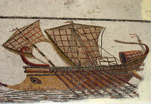 Roman trireme on a mosaic in the Bardo Museum, Tunisia