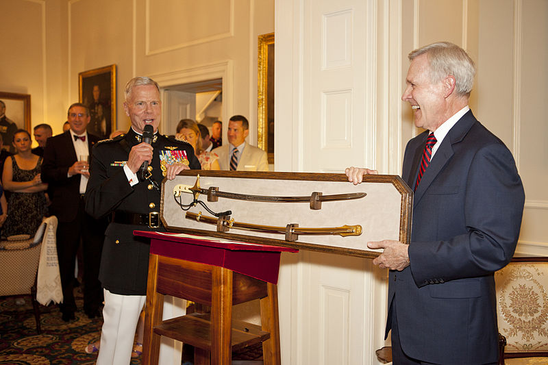 File:Secretary of the U.S. Navy Ray Mabus, right, the Evening Parade guest of honor, exchanges gifts with Marine Corps Gen. James F. Amos, left, the commandant of the Marine Corps and the host of the Evening Parade 130531-M-KS211-204.jpg