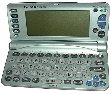Opened Sharp Electronic Organizer (sold as Sharp Wizard in the US) model ZQ-770. SharpElectronicOrganiser-open.jpg