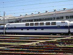 Preserved bilevel restaurant car 168-9001 (from set X1) at Hamamatsu Works in July 2007