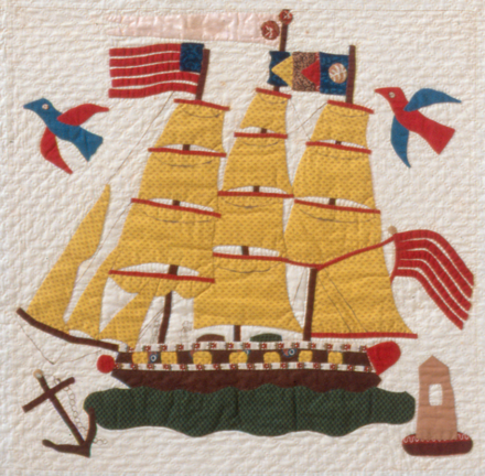On this quilt made in Baltimore circa 1845-1855, a ship flies a red-and-white striped flag at the stern and another including a blue canton from the fore-mast.