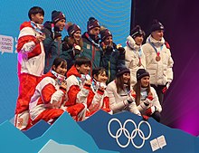 2020 yilgi qishki o'smirlar Olimpiya o'yinlarida chang'idan sakrash - Aralash jamoaviy oddiy tepalik podium.jpg