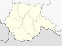 Mapa konturowa kraju południowoczeskiego, na dole nieco na lewo znajduje się punkt z opisem „Vyšší Brod”